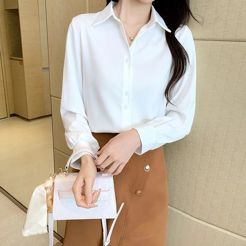 Chiffon Long-Sleeved Shirt Women\'s Spring Korean Fashion Top Temperament Long Sleeve Solid Single-Breaste Office Lady Blouse