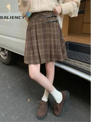 SALIENCY Preppy Style Pleated Skirt  Women Vintage Harajuku  Autumn  Korean Style  Color Collision Plaid Tweed Midi Skirt