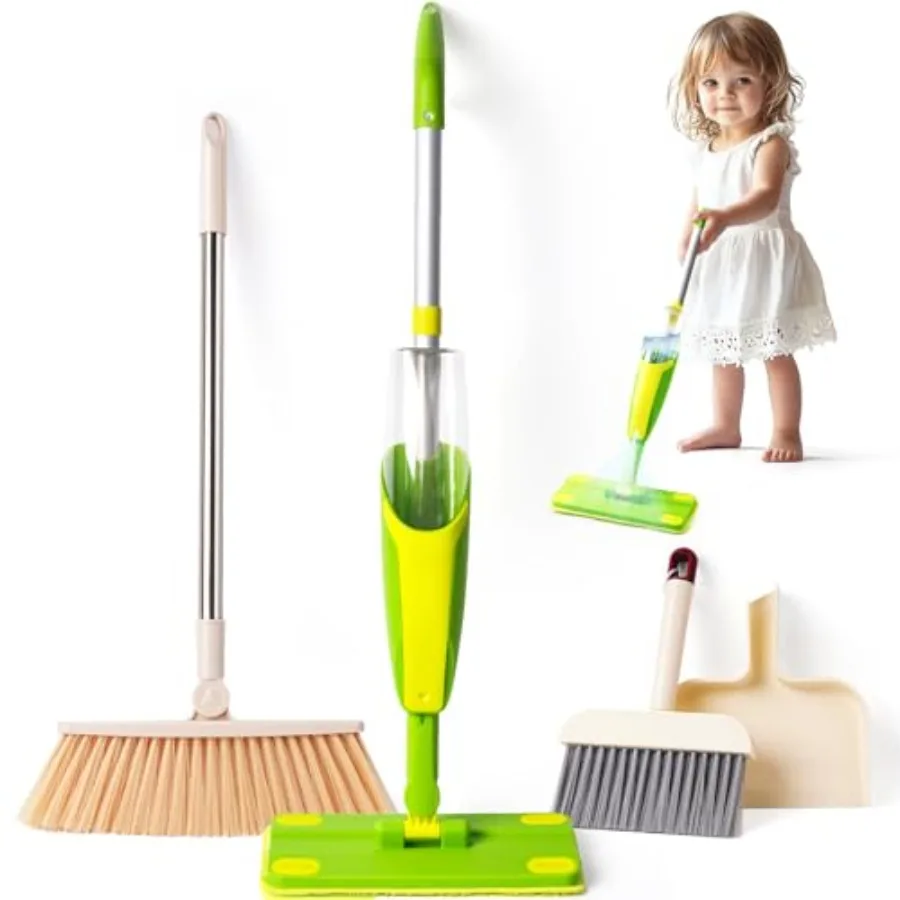 Juego de Juguetes de Limpieza, Mini Mopa con Spray, Juguetes Montessori, Juego de Imitación de Limpieza para Niños Pequeños con Mopa con Spray, Escoba y Recogedor