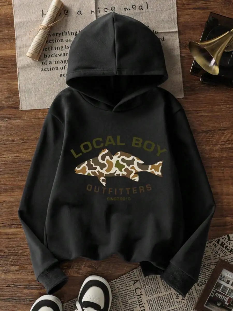 

Black Casual Hooded Sweatshirt with Camo Fish Graphic for Kids