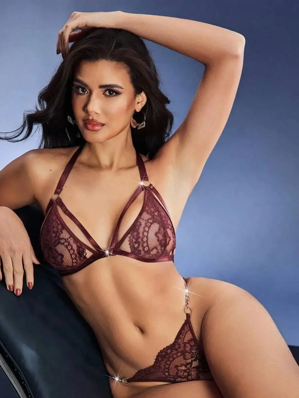 เซ็กซี่ด้วยลูกไม้แต่งขอบ ชุดบิกินี่สายโซ่โลหะโปร่งใส สไตล์ปาร์ตี้ริมสระน้ำสำหรับวันหยุดพักผ่อนที่ชายหาด ชุดบิกินี่แบบไม่มีแขน คอลึก โชว์หลัง ดีไซน์มีเสน่ห์ PNX5