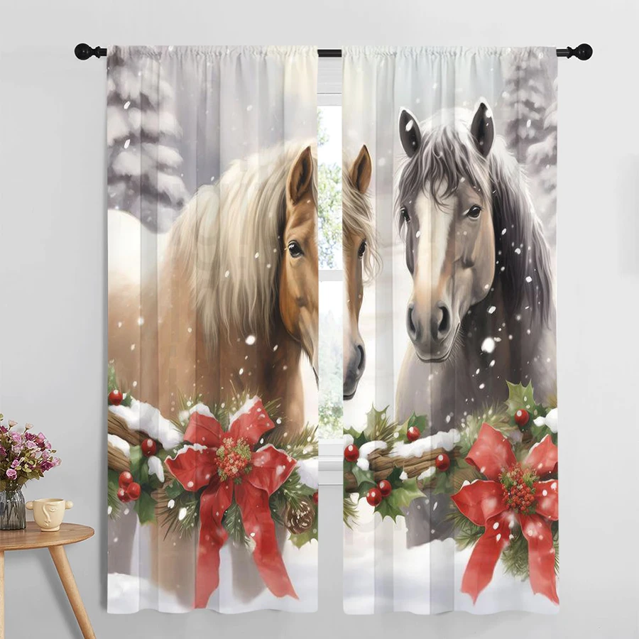 2PCS Christmas Winter Curtains, Horses in Snow, Digital Print, Bedroom Living Room Kitchen, Rod Pocket Polyester, Home Decor
