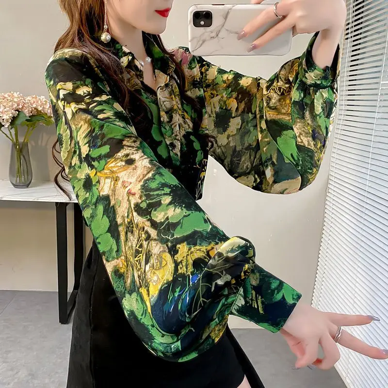 Printing Blouse Female Loose Lantern Sleeve Spring Autumn Women Clothing New Chiffon Top Tee Turn-down Collar Temperament Shirts