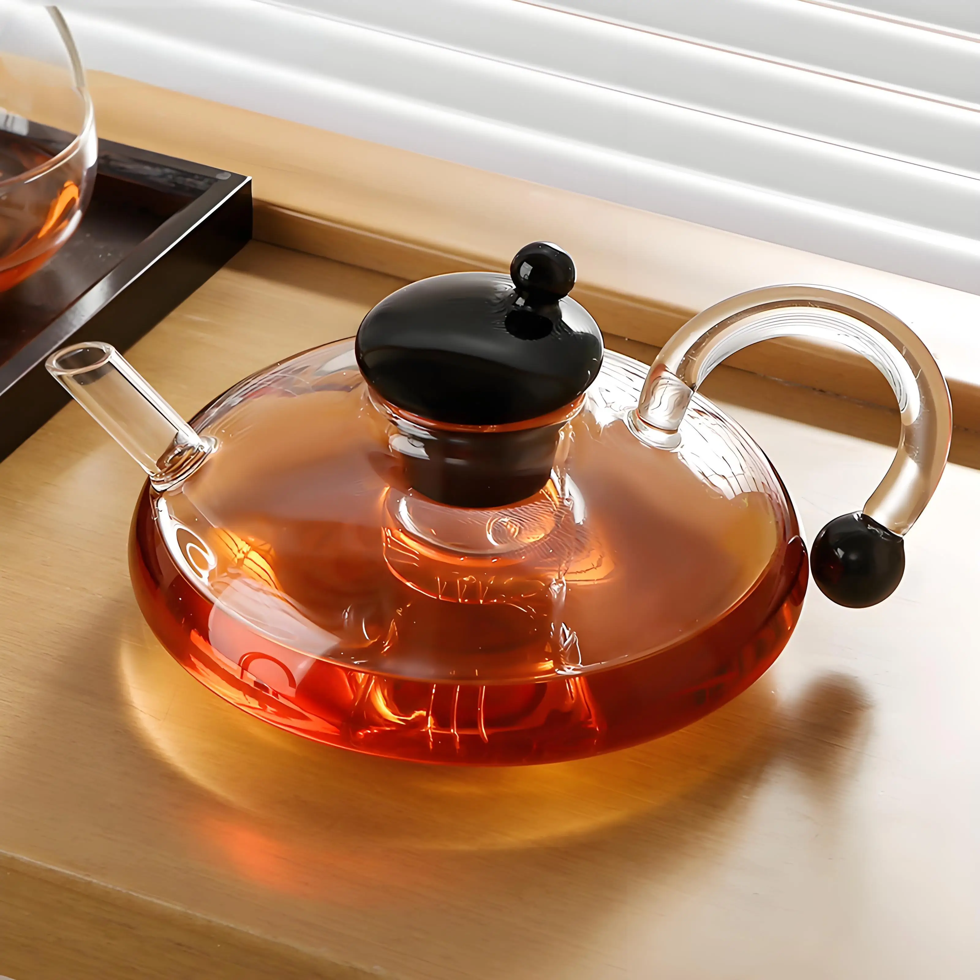 

New Black Cover Rattail Brewing Transparent Glass Tea Set Heat Resistant Thickened Household Coffee Jug with Filter