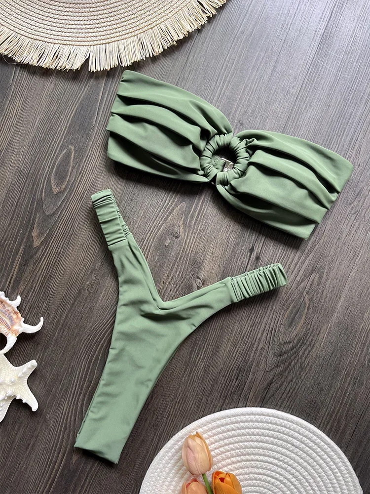 Sexy Fashion Solid Folds Bikinis 2 Piece Set Women Split Swimsuit High Waist Beach Bikinis 2025 New Summer Swimwear Bikinis Set