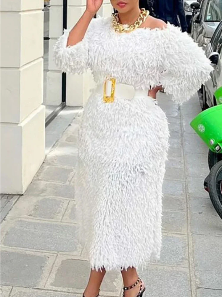 Women White Fur Dresses 3/4 Sleeves Tassel Elegant Fluffy Midi Dress with Belt Fall Winter Luxury Party Club Night Gowns