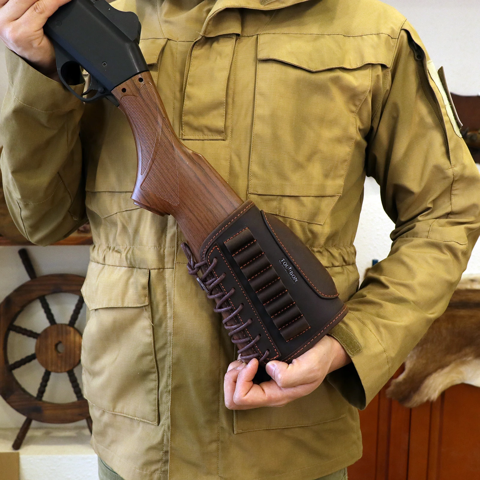 Tourbon taktisches Gewehr Gesäß Wangen auflage Riser Echt leder Schusswaffen Munition patronen Halter Träger Jagd zubehör – Detail 24