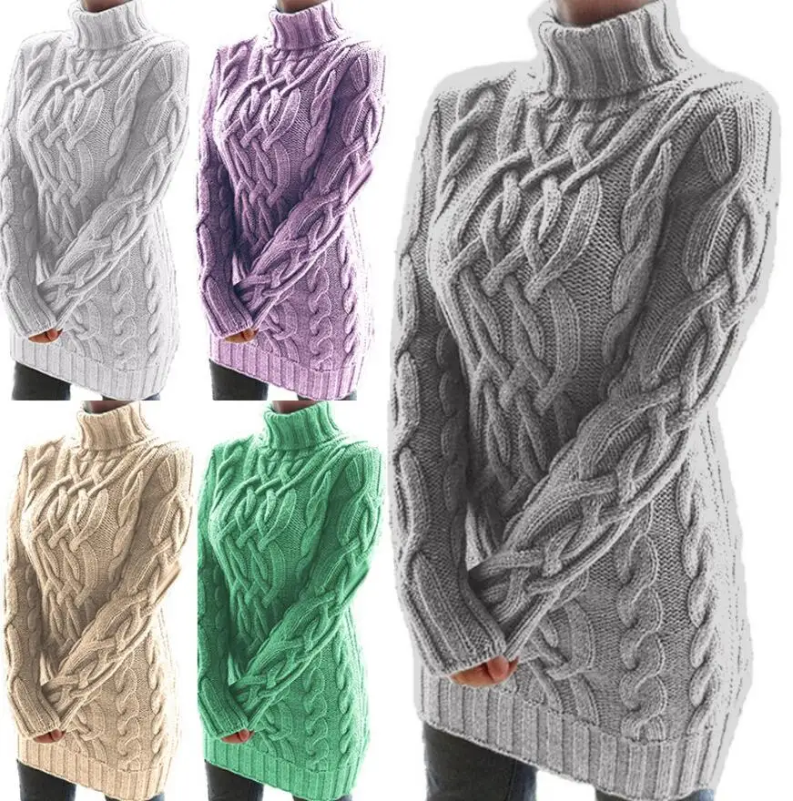 Winter Crochet Long Sweater Winter Women Thick Turtleneck Slim fit Sexy Knitted Dress Lady Dresses Autumn Twist Pollover