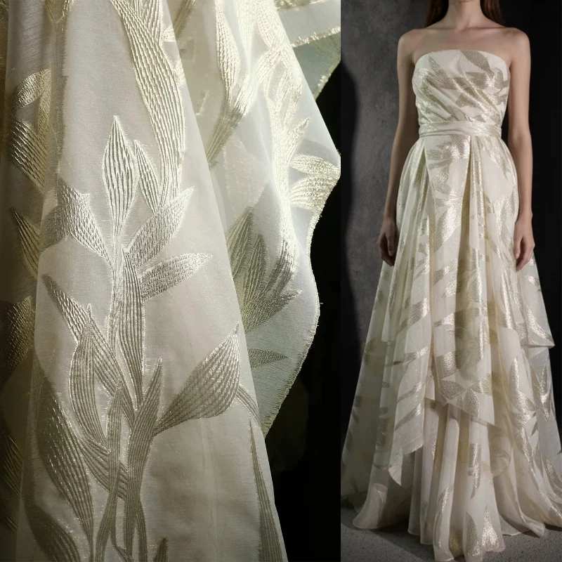 Jacquard Tulle Fabric Bamboo Forest Big Leaf Glitter Shimmer Sheer Stiff Soft Wedding Dress Evening Dress Designer DIY Material