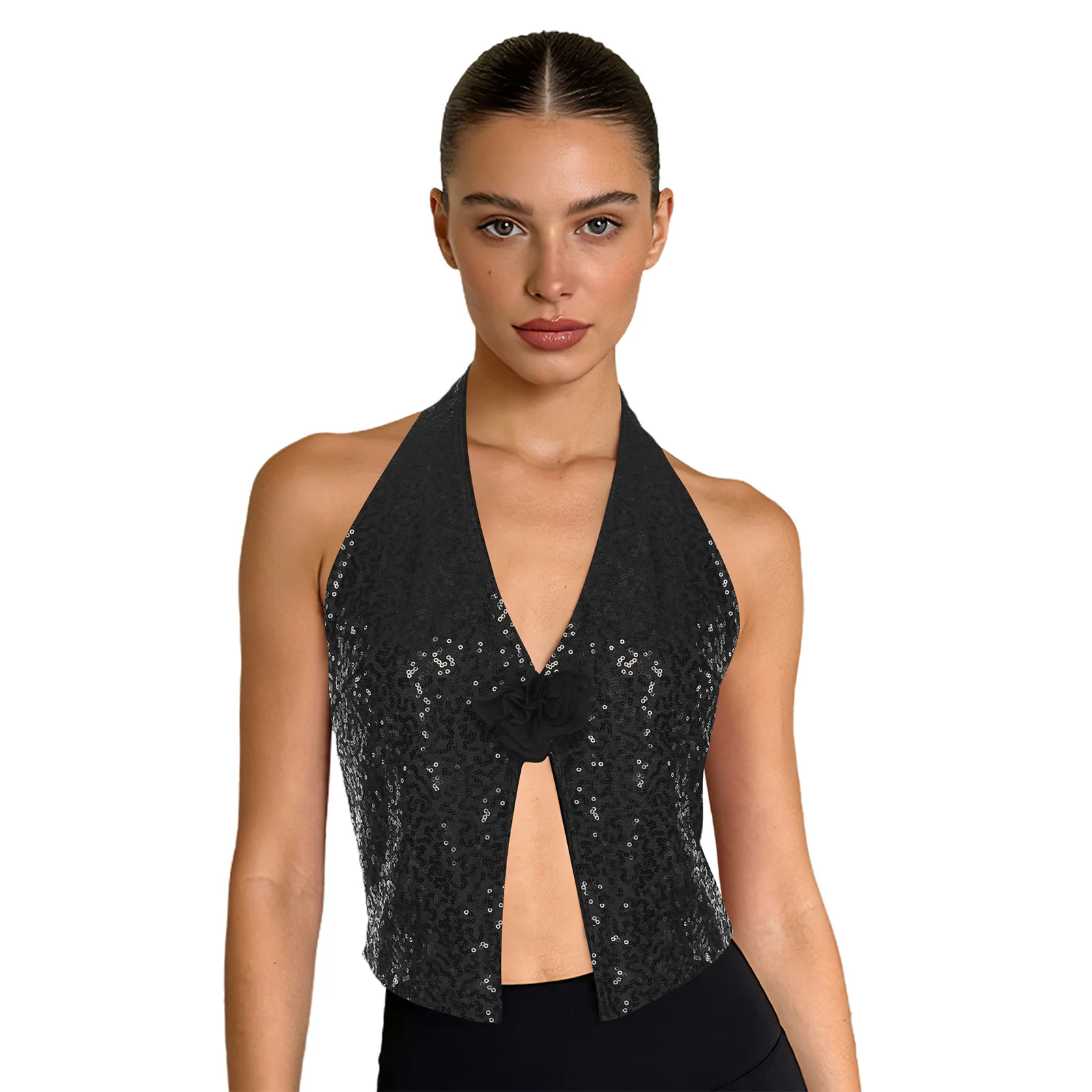 سترات نسائية لامعة رسن سباركلي ترتر بدلة صدرية بلايز بدون أكمام سترة أنيقة للحفلات المسائية زي كوكتيل الهذيان #6