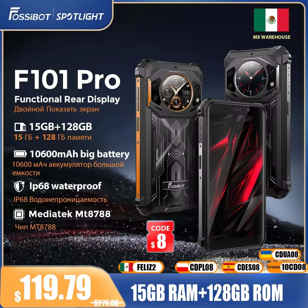 Fossibot F101Pro Rugged Smartphone 15GB+128GB Android 13 IP68 Waterproof Mobile Phone 10600mAh NFC Cell Phone Global Version