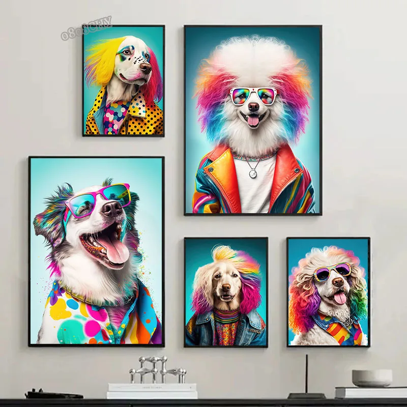 Colorful 80s Fashion Dog Posters Awesome Summer Happy Dog Canvas Painting Cool Dogs Pop Wall Art Posters for Home Bedroom Decor