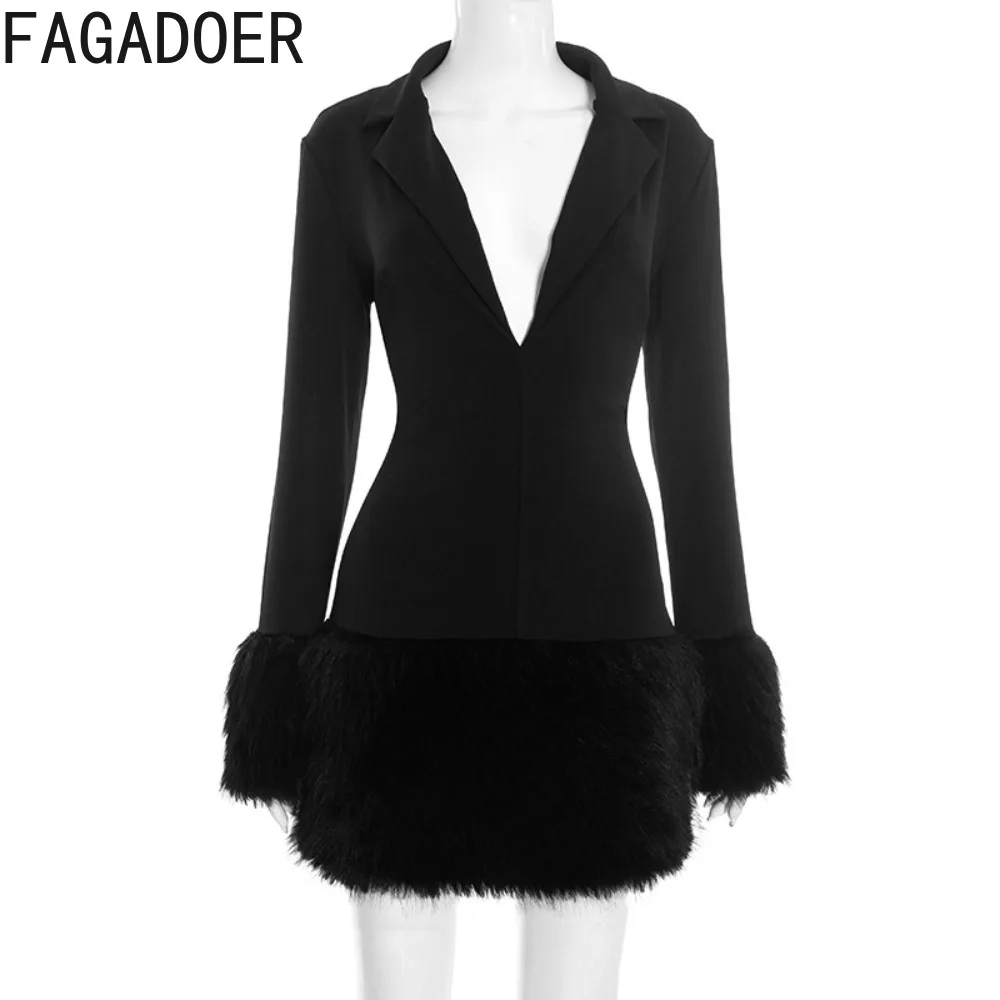 FAGADOER Winter New Sexy Fur Patchwork Bodycon Dresses Woman  Solid Color Deep V-neck Long Sleeves Dress Female Party Clubwear