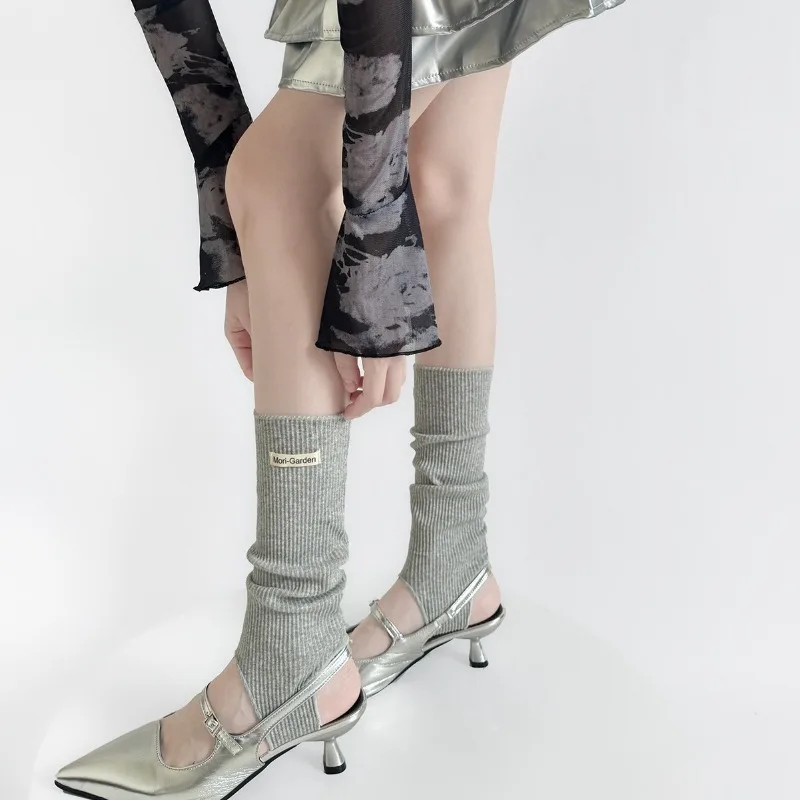 

Korean Style Footed Leg Warmers Striped Socks with Letters Cloth Tag Minimalist Vertical Stripe Calf Socks Soft Cotton Sock