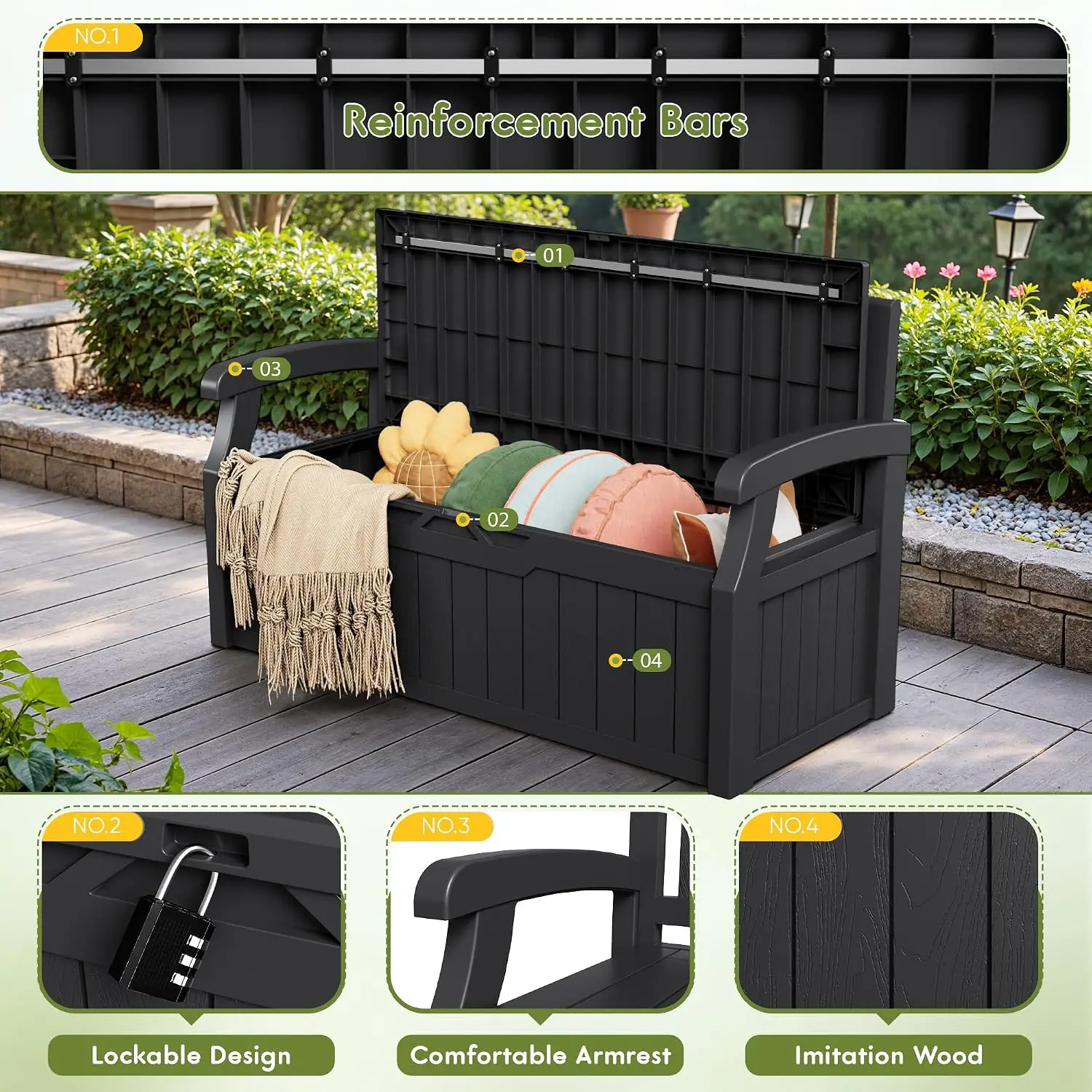 Indoor Outdoor Storage Box 80 Gallon, Large Waterproof Resin Deck Box Organizer Container With Armrest Bench Seating, Heavy Duty Weather Resistant Poolside Patio Garden Cushion Cabinet, Black view 4