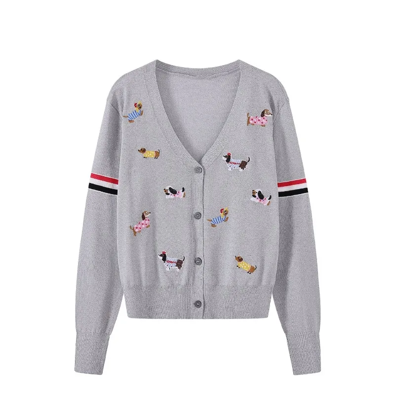 

Новый вязаный свитер с вышивкой собаки из мультфильма, женский модный осенний тонкий кардиган с длинным рукавом и v-образным вырезом, женская одежда
