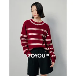 TOYOUTH Women Sweater 2024 Spring Round Neck Contrasting Striped Classic Knitwear Versatile Tops