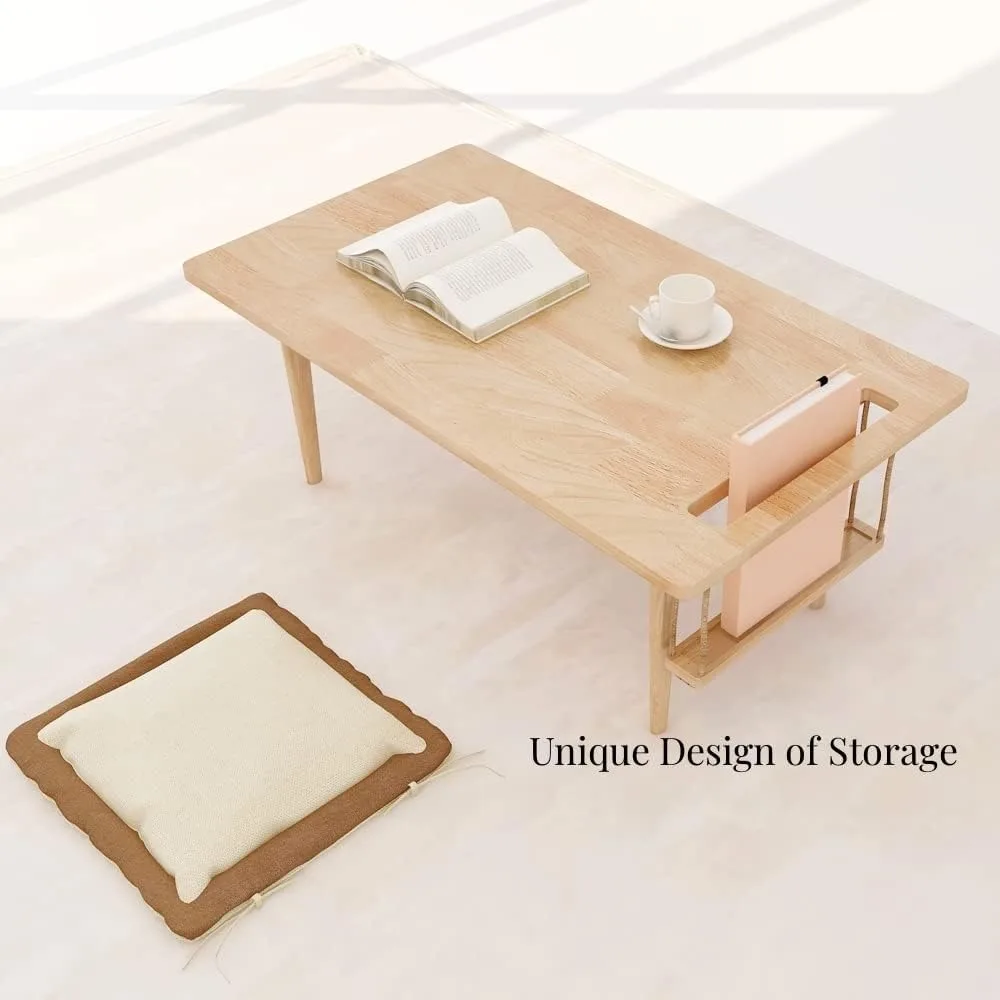 Mid Century Modern Wooden Mini Swing Table, Japanese Style Low Floor Desk, Solid Wood Side Table with Storage
