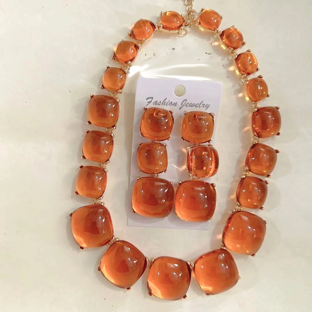 Vedwas Alloy Inlaid Resin Necklace Geometric Square Persian Ethnic Holiday Style Jewelry Necklace Earrings Set