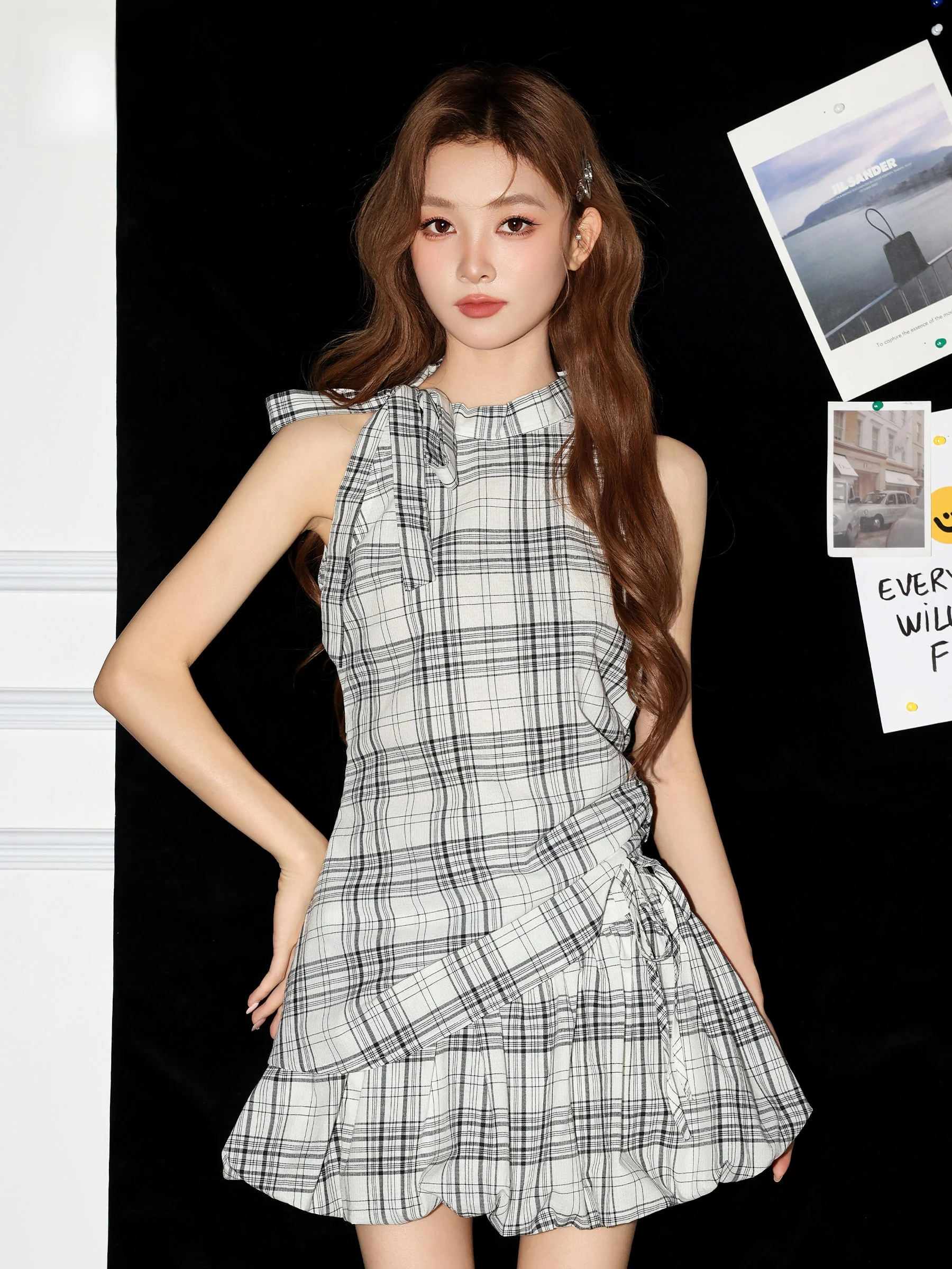 

Summer New Women's Plaid Necktie Vest Knot Skirt Fashionable Two-Piece Set Casual Style Adult Size 18-25 Years Old