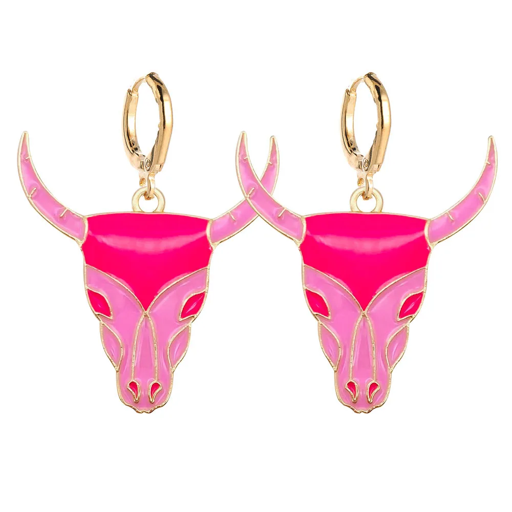 Vintage Cow Head Earrings Fashion Pink Trendy Creative Cowboy  Boots Alloy Dropping Oil Earring Jewelry for Women Gifts