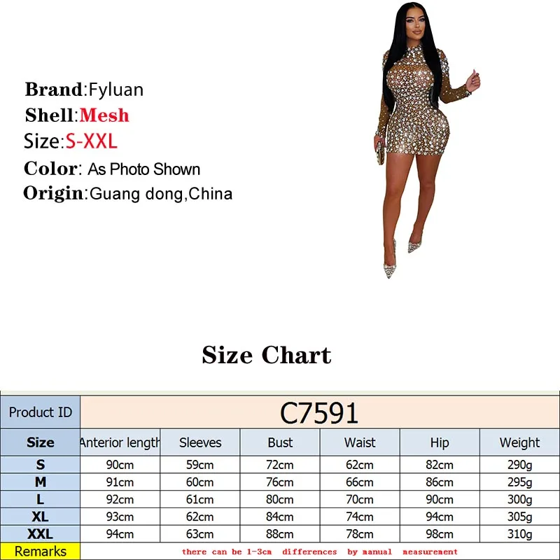 2025 موضة المرأة فستان قصير مثير كم طويل بقماش شفاف Bodycon فستان بلون الساخن الماس ضيق المناسب فستان فساتين حفلات #3