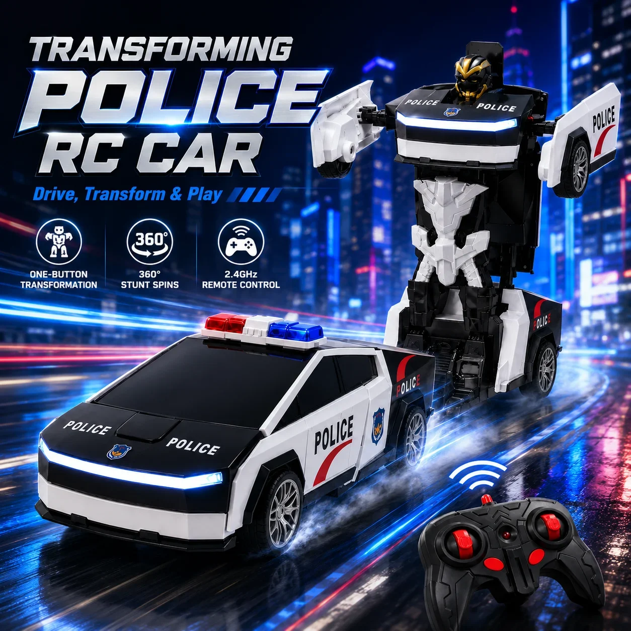 2.4G RC Police Car Transforming Robot Toy One-Button Deformation 360 Drift Stunt Rechargeable Vehicle Gift for Boys Kids