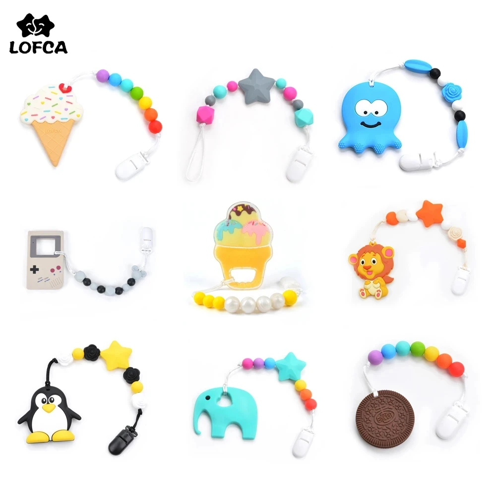 LOFCA Baby Teether Animal Biscuit Ice Cream Pacifier Clips Chain Food Grade silicone Baby Teething Toys BPA-Free Chew Beads