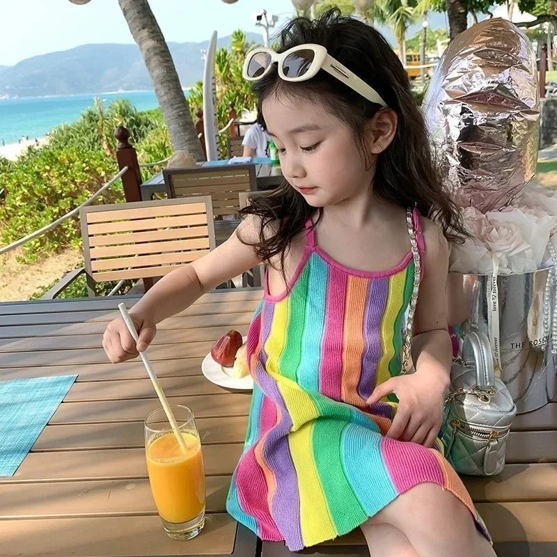 New Korea Summer Kids Clothes for Baby Girls Cute Rabbit T-shirt + Rainbow Knitted Dress 2-piece Set Kawaii Skirt Sets Boutique