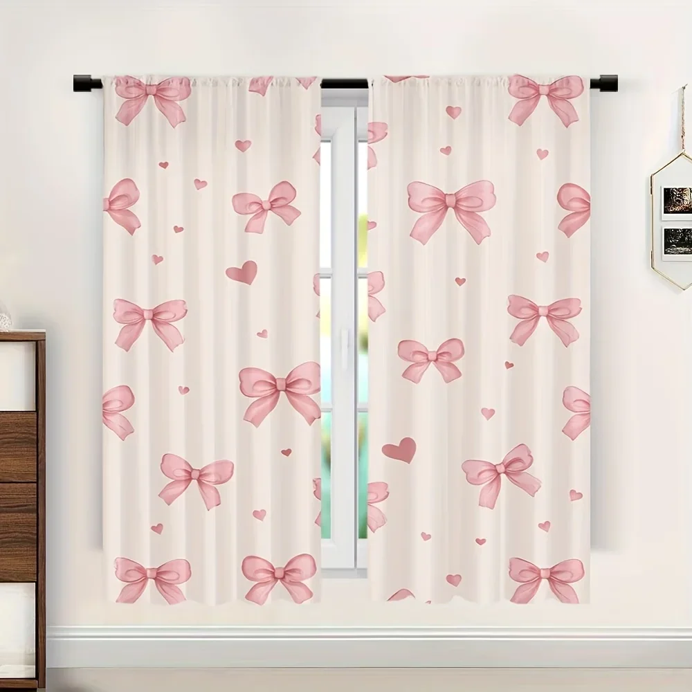 2PCS Digital Printed Curtains, Repeating Bows Pattern Girly Ribbon Print, Window Drapes for Living Room Bedroom Home Decoration