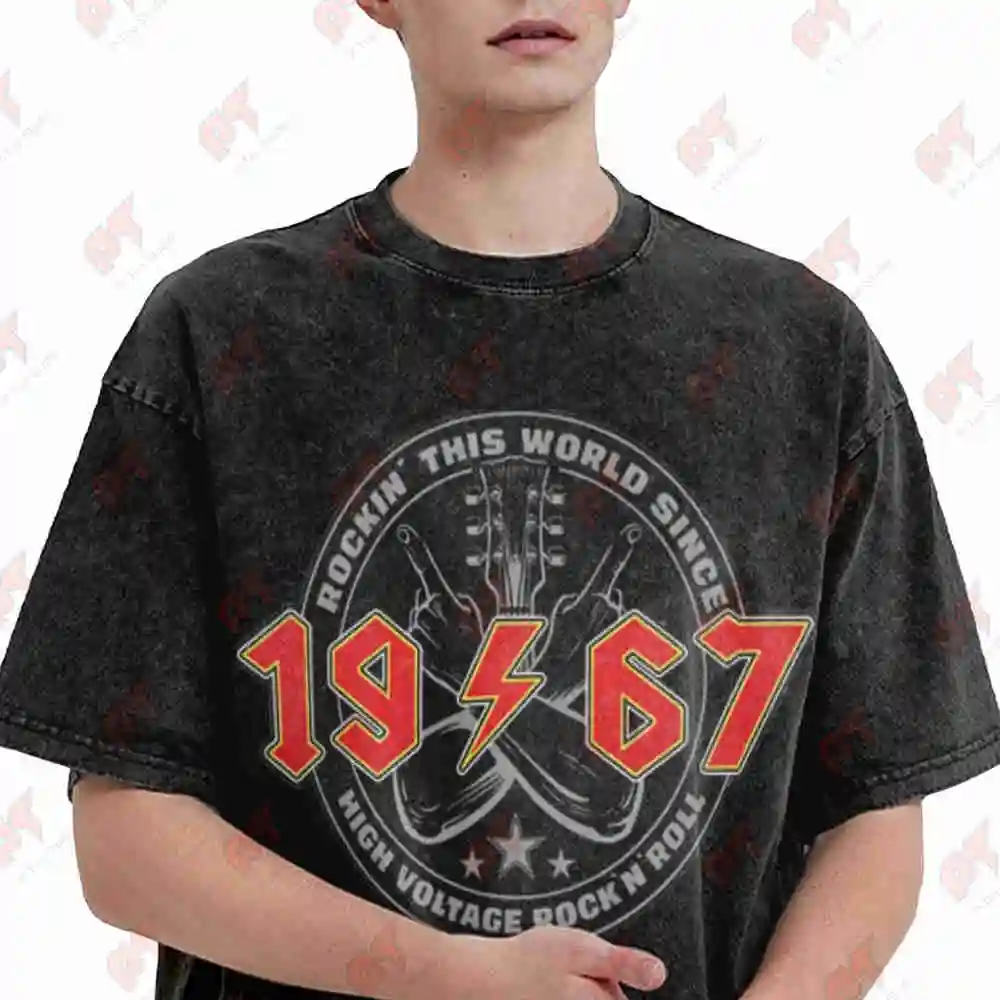 1967 High Voltage Retro Rock Vintage Washed Tee Pure Cotton T-Shirt