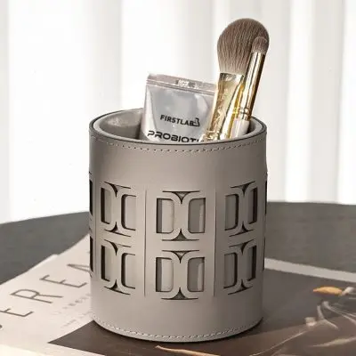Luxe French Style Cutout Leather Makeup Brush Holder, Desktop Leather Organizer, Pen & Remote Control Storage Box