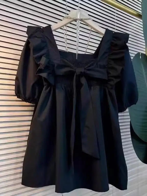 

plus Size 300 Pounds Sweet Blouse with Bow Knot Square Collar Short Sleeve Loose Women's Shirt for Summer Korean Style