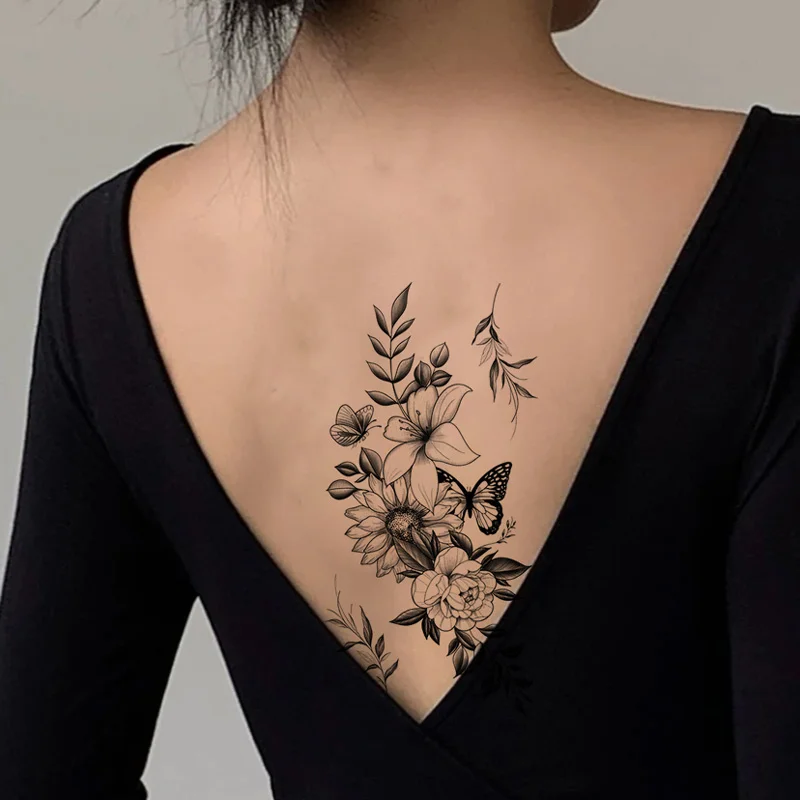 Black Flower Tattoo Stickers for Hand Arm Waterproof Temporary Tattoos for Women Butterfly Fake Tattoo Sleeve Tatoos Girls