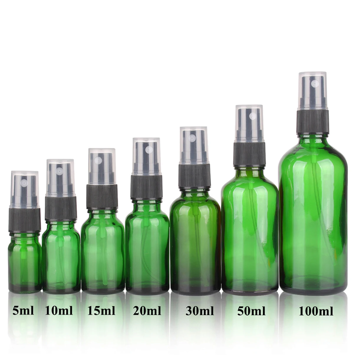 1 Piece 5ml 10ml 15ml 20ml 30ml 50ml 100ml Green Glass Spray Bottles with Mist Sprayer for Refillable Essential Oil Bottles