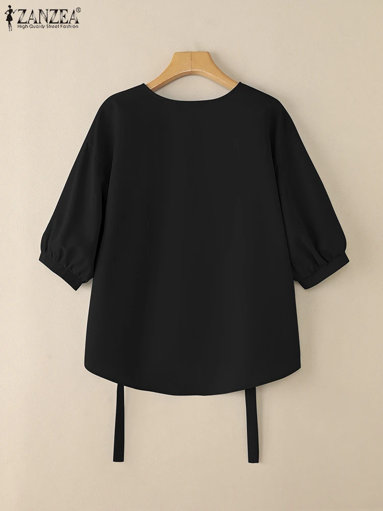 ZANZEA Women's High-Low White Blouses 2025 Autumn O-Neck 3/4 Lantern Sleeve Drawstring Hem Solid Color Tops Street Fashion 3XL