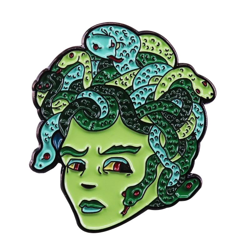 Medusa Enamel Pin Creepy Goth Green Gorgon Snake hair Lady Brooch Greek Mythology Art Collection