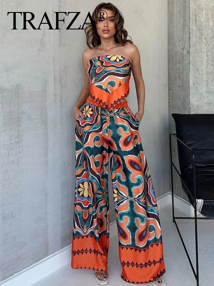 TRAFZA Women Pants Set Vintage Print Back Bow Tie Strapless Bustier Tops + Drawstring Trousers Female Chic Streetwear Pant Suits