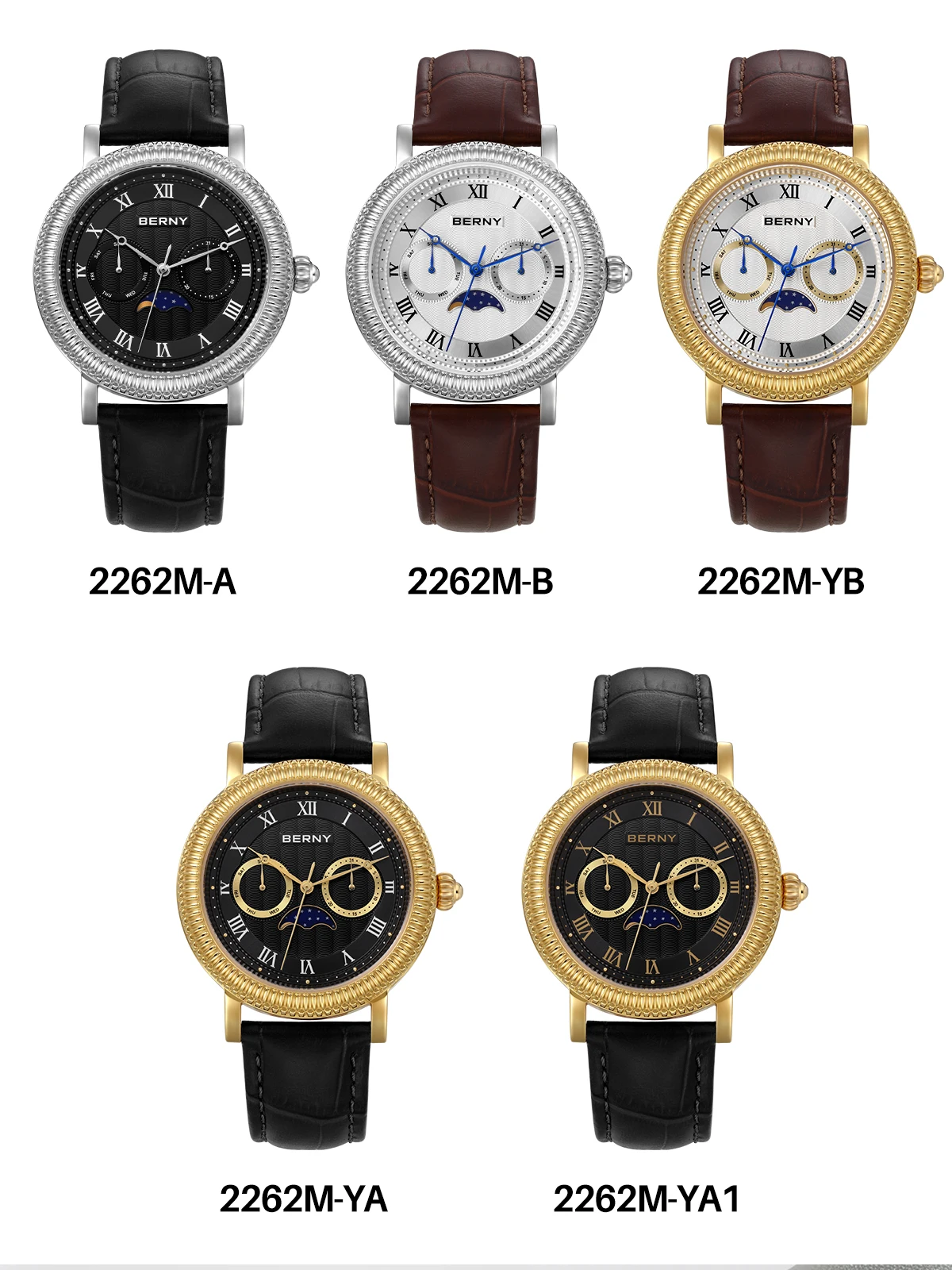 BERNY Uhren für Herren, Luxus-Kleidermarke, Business, Gold, Quarz, echte Monde, Herrenuhr, S/S, Saphir, Kalender, Mondphase-Armbanduhr – Detail 8