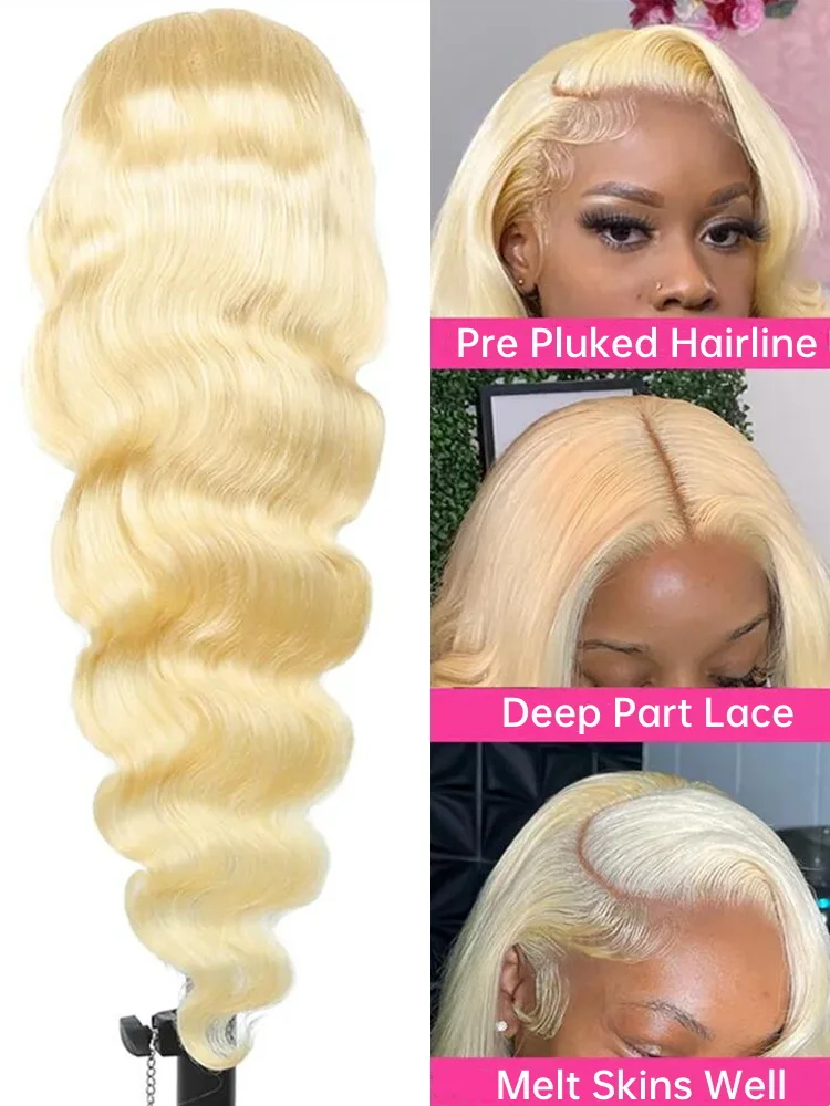 Perruque Lace Front Wig Body Wave Brésilienne Naturelle Blonde, 13x6, 13x4, 30 Pouces, 613 HD, pour Femme