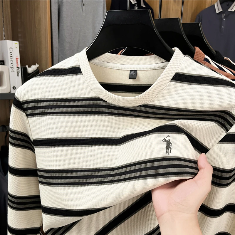 

Легкая роскошная модная футболка Paul из 100% хлопка с длинными рукавами, рубашка-поло с круглым вырезом для папы, осенний топ в полоску