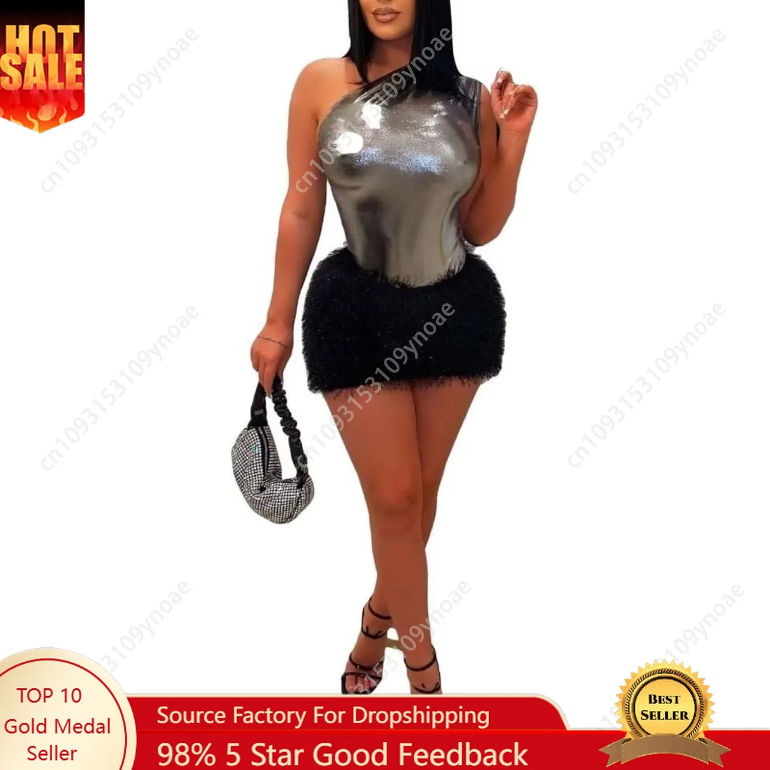 

Metallic Jumpsuit Sexy Women One Shoulder Party Dresses Club Wear Tight Mini Skirt Suit Jumpsuit Short Skirts Two Piece Set