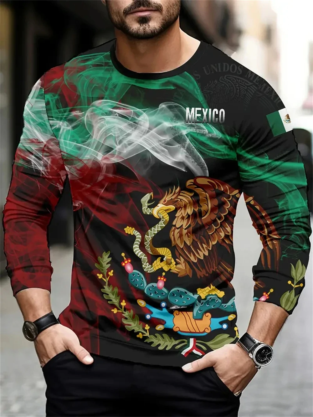 

Mexico Eagle Print T Shirt For Men Fashion 3D Pattern Long Sleeve T-shirt Casual O-neck Cotton Tops Hip Hop Trend Loose Pullover