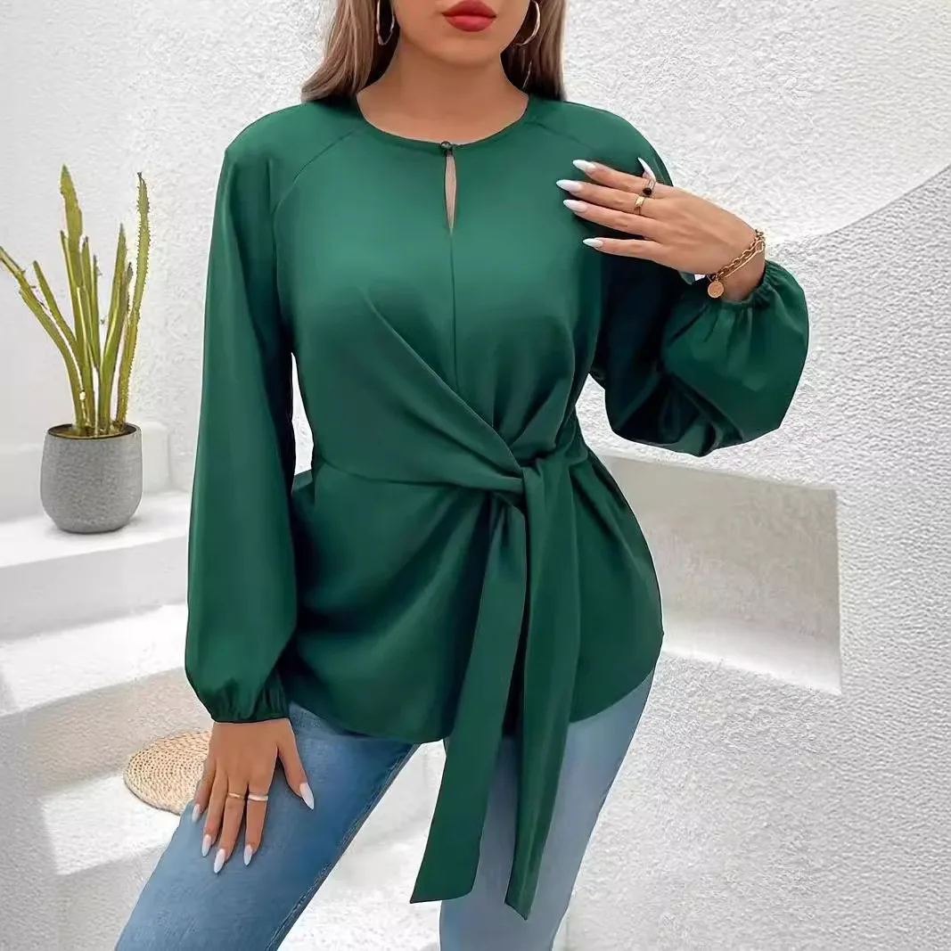 Plus Size Langarmshirt Schwarzgrün für Bürodame Elegantes Design Übergroße Hemden für Damen Herbst Frühling Winter