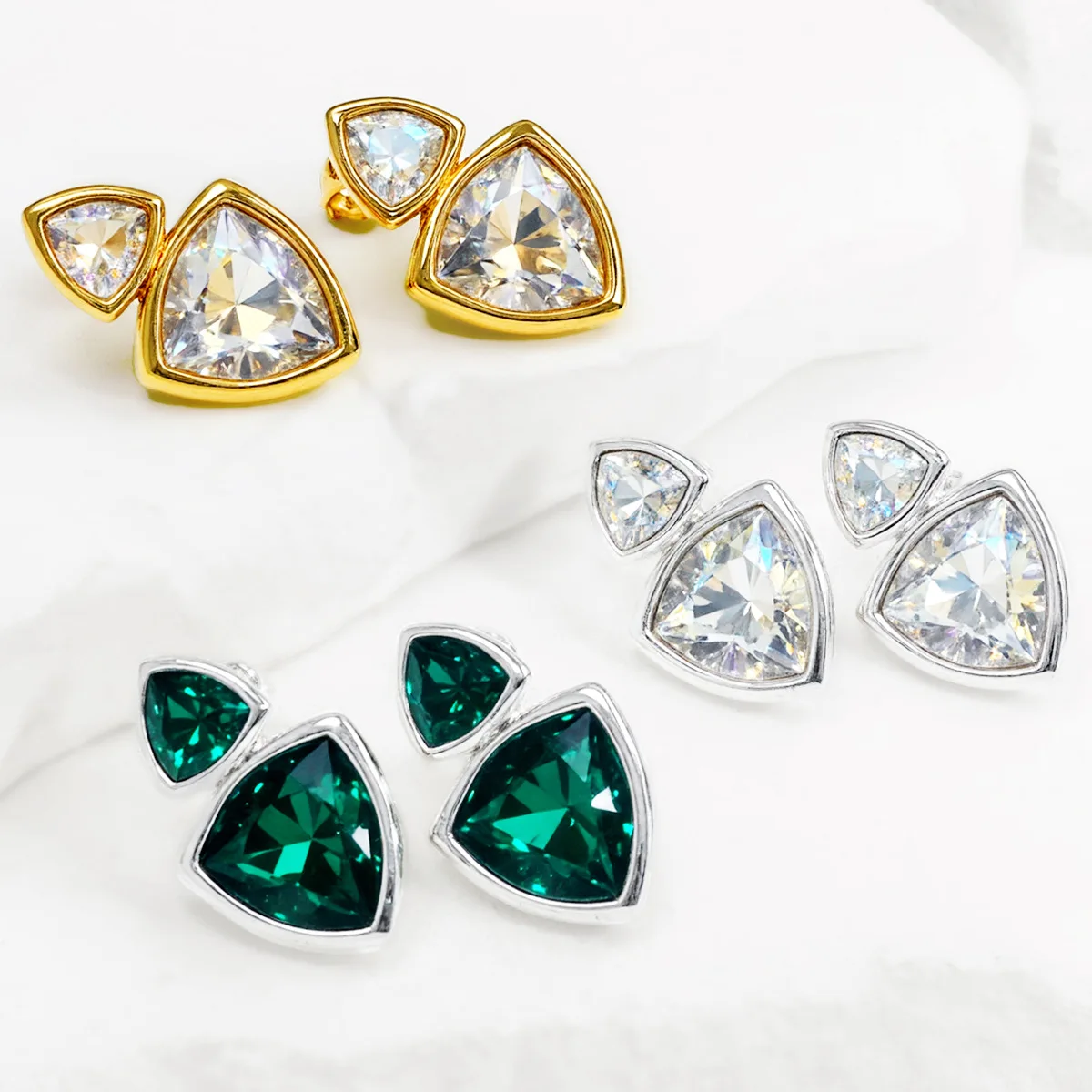 

New European style personalized triangular three-color stone stud earrings