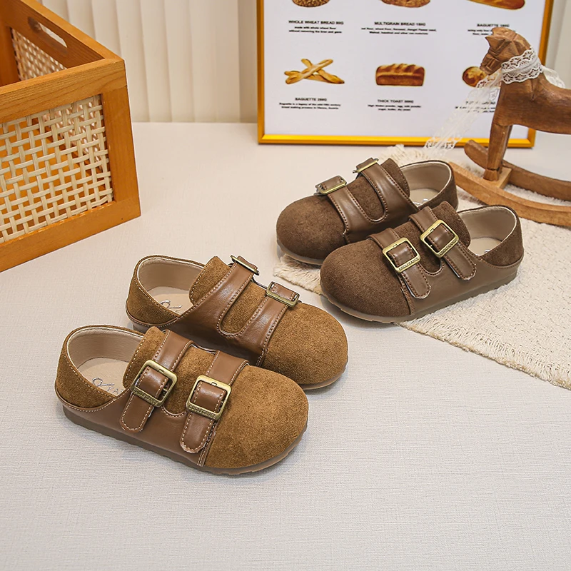Girls Buckle Strap Leather Shoes 2026 New Autumn Toddler Mary Jane Flats Non-slip Simple Retro Style Kids School Party Wedding