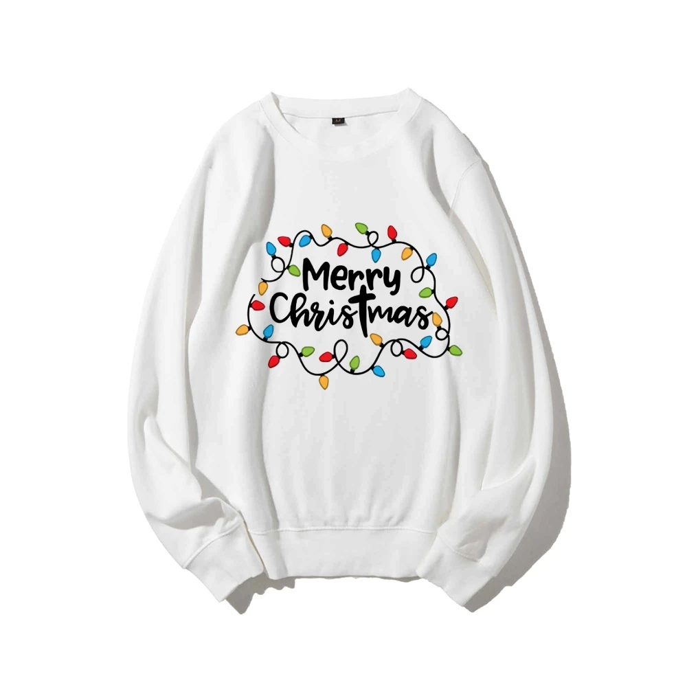 

Happy Christmas Lights Graphic Pullover Crew Neck Loose Top New Street Casual Long Sleeve Cotton Soft Sweatshirt Unisex