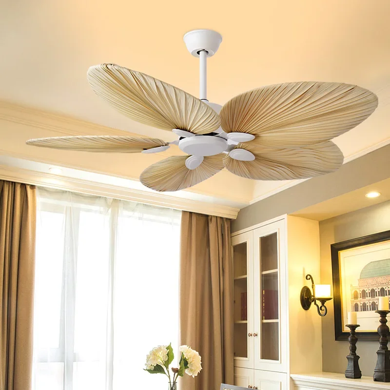 

2024 New High Quality 52inch Factory Price Natural Breeze Palm Leaf Fan Blades 220V Remote Control Ceiling Fan Living Room lamp