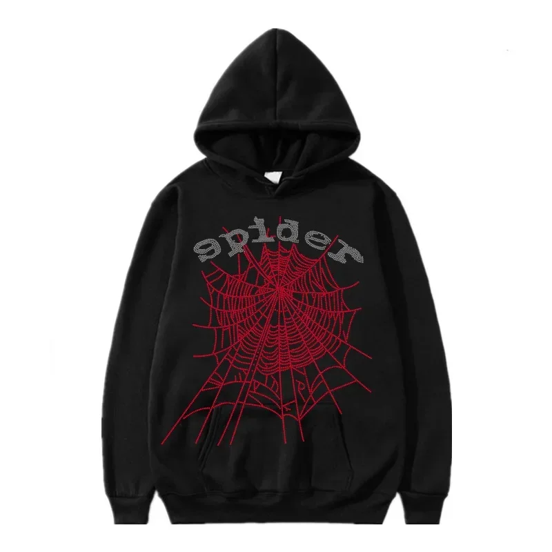 Autumn/Winter Street Punk Vintage Hoodie Spider Web Print Fleece Warm Hip Hop Fashion Letter Y2k Men's and Women's Sports Hoodie