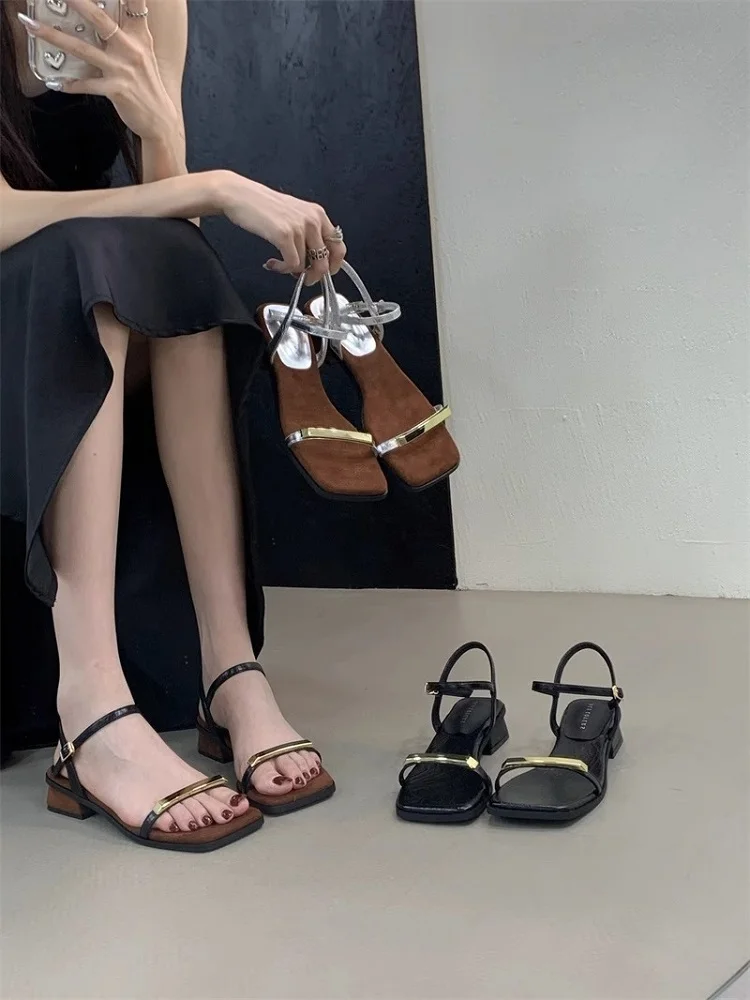 

Summer Open Toe Women Sandals Fashion Metal Buckle Square-toes Chunky Heel Shoes Elegant Banquet Party High Heels